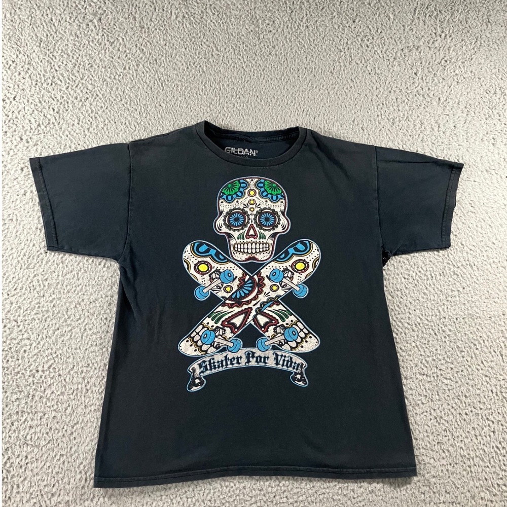 Graphic y2k T Shirt Boys 18/20 Sugar Skull Skater Por Vida Skateboards Grunge